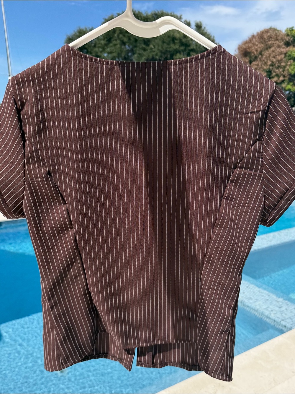 SHEIN Brown Pinstripe V-Neck Button Front Top with Buckle - Picture 2 of 3